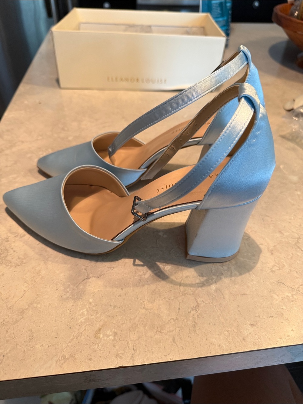 Satin Powder Blue Slingback Block Heel Pumps